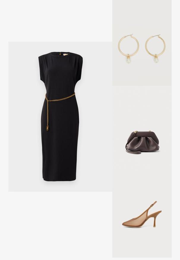 Zwarte midi-jurk met korte mouwen, ronde halslijn, geplooide details en een gouden kettingriemaccent, gemaakt van een gladde stof.; Bruine mesh slingback pump met spits toelopende neus, hak op gemiddelde hoogte en gouden gespbandje op witte achtergrond.; Donkerbruine zachte leren clutch met gouden hardware en een afneembare riem, met een geplooid, gerimpeld ontwerp op een effen achtergrond.; Gouden oorringen in de vorm van een ring, elk met een enkele hangende witte parel en een klein detail van strasssteentjes op een lichte achtergrond.