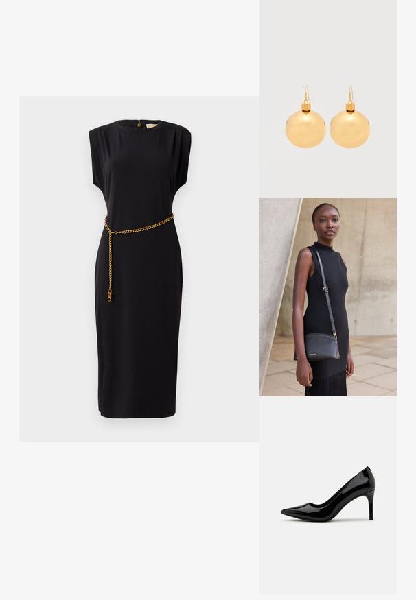 Vestido midi negro con mangas cortas, escote redondo, detalles plisados y un cinturón de cadena dorada, confeccionado en un tejido suave.; Zapato de tacón alto de charol negro con punta afilada y silueta esbelta, con una textura suave y un diseño minimalista.; Joven mujer con un vestido negro sin mangas llevando un bolso cruzado de cuero negro, de pie frente a una pared de hormigón clara.; Par de pendientes de bola navideña dorados brillantes con cierre de gancho sobre un fondo blanco liso.
