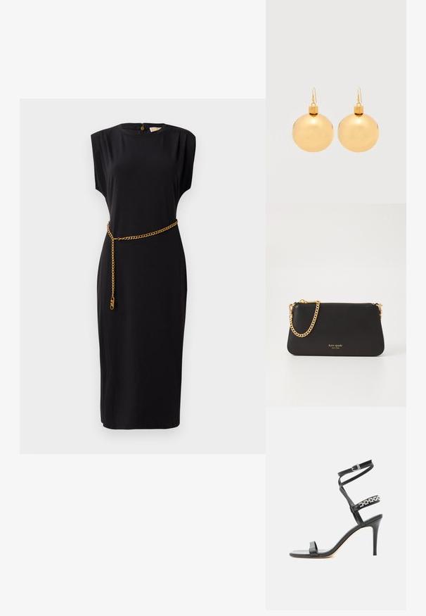 Zwarte midi-jurk met korte mouwen, ronde halslijn, geplooide details en een gouden kettingriemaccent, gemaakt van een gladde stof.; Zwarte sandaal met hoge hak, smalle enkelband, middenvoetband versierd met zilveren schakels en een open teenontwerp.; Zwarte leren clutch met een gouden kettinghengsel. Heeft een ritssluiting en een in reliëf gedrukt merknaam in goud aan de voorkant. Glad textuur, rechthoekige vorm.; Een paar glanzende gouden kerstbal-oorbellen met haaksluitingen op een effen witte achtergrond.