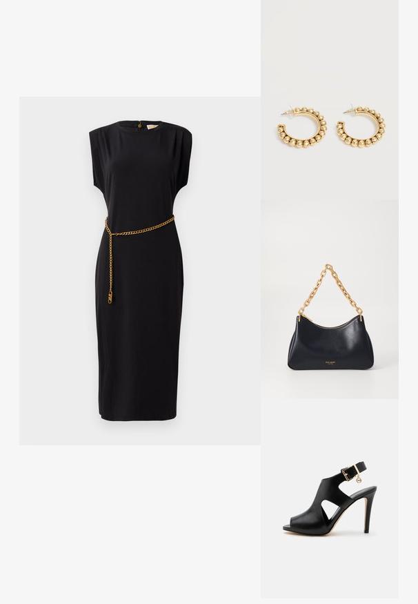 Vestido midi negro con mangas cortas, escote redondo, detalles plisados y un cinturón de cadena dorada, confeccionado en un tejido suave.; Sandalia negra de piel con tacón alto, puntera abierta, recortes laterales, correa en el tobillo, hebilla dorada y pequeño charm redondo sobre fondo claro.; Bolso de hombro de cuero azul marino con una correa de cadena dorada, cierre de cremallera y logotipo embossado en la parte frontal. Textura suave y forma curva.; Par de pendientes de aro en tono dorado con detalles de cuentas redondeadas a lo largo del borde exterior sobre un fondo claro.