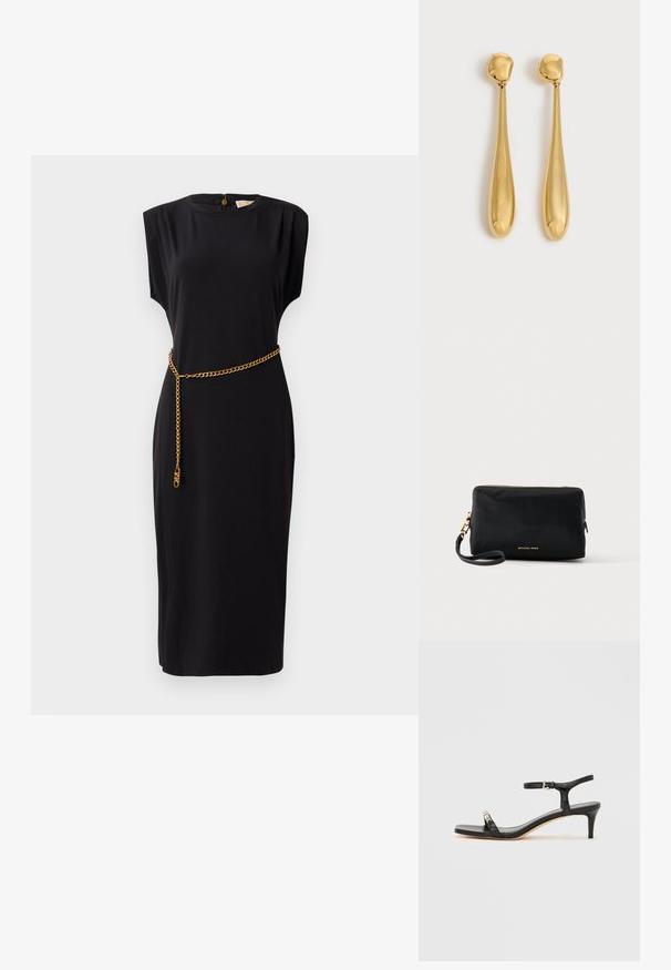 Robe midi noire avec des manches courtes, un col rond, des détails plissés et une ceinture en chaîne dorée, fabriquée en tissu lisse.; Sandale noire en cuir à talon avec bride à la cheville, bout ouvert, devant carré et accent en métal argenté. Design ajusté avec un profil élégant.; Pochette rectangulaire noire pour poignet avec fermeture éclair dorée et logo, sangle détachable sur fond clair.; Paire de longues boucles d'oreilles dorées, lisses et brillantes, en forme de goutte avec des sommets arrondis et des formes de goutte effilées sur un fond clair.