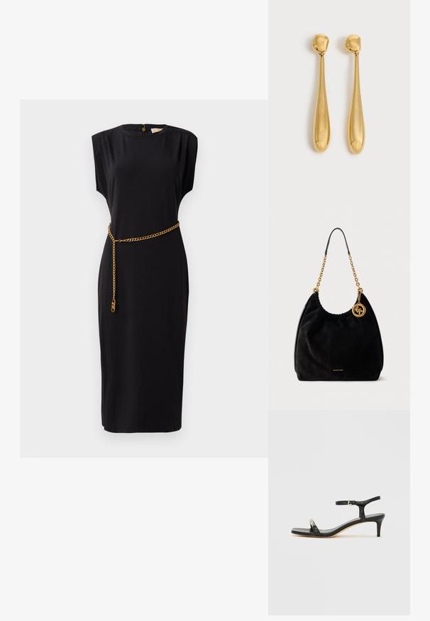 Vestido midi negro con mangas cortas, escote redondo, detalles plisados y un cinturón de cadena dorada, confeccionado en un tejido suave.; Sandalia de tacón de cuero negro con correa en el tobillo, punta abierta, frente cuadrado y detalle en hardware plateado. Diseño ajustado con un perfil elegante.; Bolso hobo de ante negro con correa de cadena dorada y colgante circular dorado con el logo MK, con la marca Michael Kors en pequeñas letras doradas en la base.; Par de pendientes largos, lisos y brillantes en forma de lágrima dorada con puntas redondeadas y formas de lágrima afiladas sobre un fondo claro.