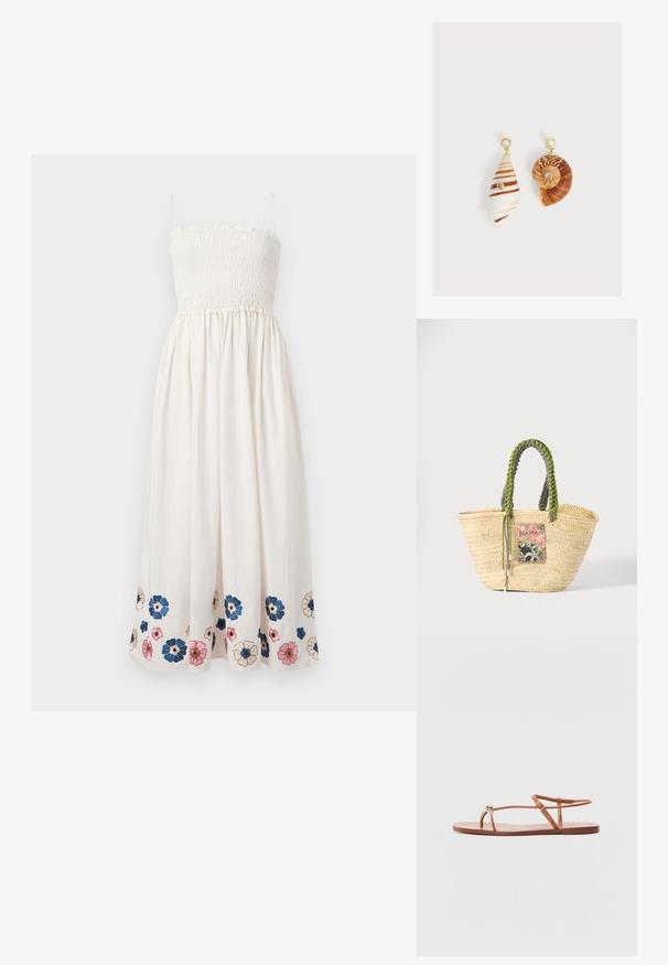 Robe blanche sans manches avec corsage smocké et broderie florale en bleu, rose et beige le long de l'ourlet.; Loeffler Randall LARA STRAPPY - Sandales tongs - timber; Sac cabas en paille beige tissée avec des poignées tressées vertes et noires et un patch rectangulaire coloré à l'avant.; Boucles d'oreilles asymétriques avec pendentifs en coquillages, clous dorés avec dessus en perle et petites pierres précieuses transparentes incrustées sur chaque coquillage.