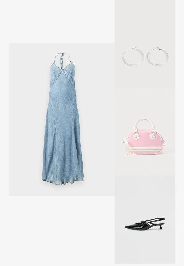 Robe en denim d'une teinte bleu clair, dotée de bretelles spaghetti, d'une coupe évasée et de plis subtils le long du corsage. Silhouette longue et fluide.; Chaussure slingback en cuir verni noir avec bout pointu, petit talon carré et bride ajustable ornée de détails découpés et d'accents logo.; Sac à main rose avec accents blancs, forme arrondie, poignées supérieures, bandoulière amovible et détails de quincaillerie en forme de cœur. Fermeture à glissière.; Paire de boucles d'oreilles créoles argentées brillantes avec fermoirs en fil fin, présentée sur un fond gris clair.