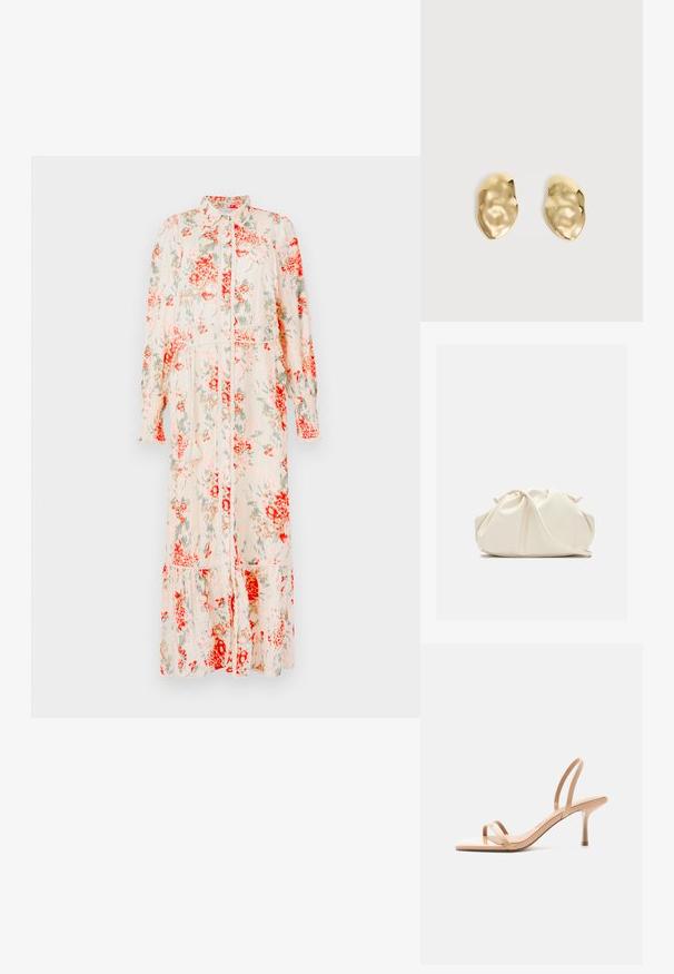 Bloemen mididress in crème met rode en groene bloemen. Kenmerken zijn een knoopsluiting aan de voorkant, lange mouwen en een tiered zoom. Lichtgewicht stof.; Beige sandaal met hoge hak en dunne bandjes over de tenen en rond de hiel, met een vierkante neus en een smalle naaldhak op witte achtergrond.; Zachte, crèmekleurige leren clutch met geplooid, gerimpeld ontwerp en een dunne schouderriem die vooraan op een effen achtergrond ligt.; Een paar glanzende, onregelmatig gevormde gouden metalen oorbellen met een gekreukeld, glad oppervlak op een effen lichte achtergrond.