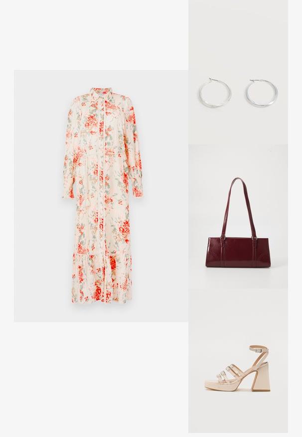 Bloemen mididress in crème met rode en groene bloemen. Kenmerken zijn een knoopsluiting aan de voorkant, lange mouwen en een tiered zoom. Lichtgewicht stof.; Beige platform sandalen met drie verstelbare banden en een enkelgesp. Glanzende afwerking, vierkante hak en gladde textuur.; Bourgondische handtas van glanzend materiaal, rechthoekige vorm, met twee schouderbanden en subtiele gebogen accenten aan de voorkant.; Zilverkleurige metalen creolen oorbellen met een glad, licht gebogen oppervlak en sluitingen met haaksluiting op een effen witte achtergrond.