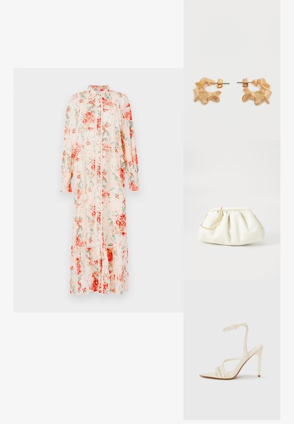 Bloemen mididress in crème met rode en groene bloemen. Kenmerken zijn een knoopsluiting aan de voorkant, lange mouwen en een tiered zoom. Lichtgewicht stof.; Beige sandalen met hoge hak en een puntige neus, voorzien van drie voorste bandjes en een dunne enkelband met een gesp. Gladde textuur, minimalistisch ontwerp.; Witte leren handtas met een geassembleerd ontwerp, voorzien van een gouden kettingband en een ronde vorm. Gladde textuur met zachte plooien en geen patronen.; Oorbellen in goudkleur met een abstracte, organische vorm, voorzien van een gestructureerd oppervlak en een sluiting met oorstekers.