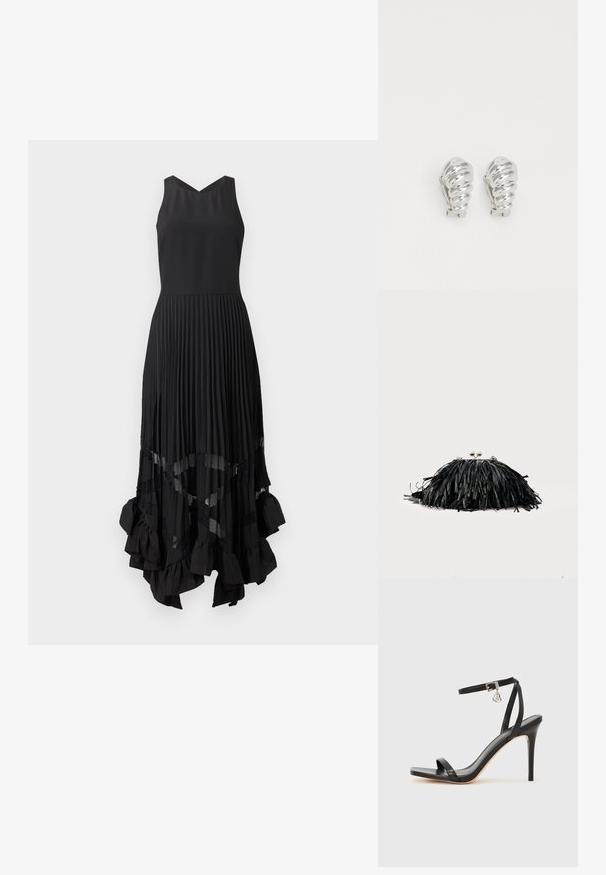 Vestido negro sin mangas con corpiño ajustado, falda plisada, detalles de paneles transparentes y dobladillo asimétrico con volantes.; Sandalia de tacón alto negra con una estrecha correa en el tobillo, punta cuadrada, material de cuero liso y detalle de hebilla metálica.; Bolso de mano negro con flecos, cierre de broche plateado y correa de cadena sobre un fondo claro y liso.; Pendientes de clip plateados con un diseño en espiral, que presentan una textura metálica suave y formas redondeadas. Sin adornos ni patrones visibles.