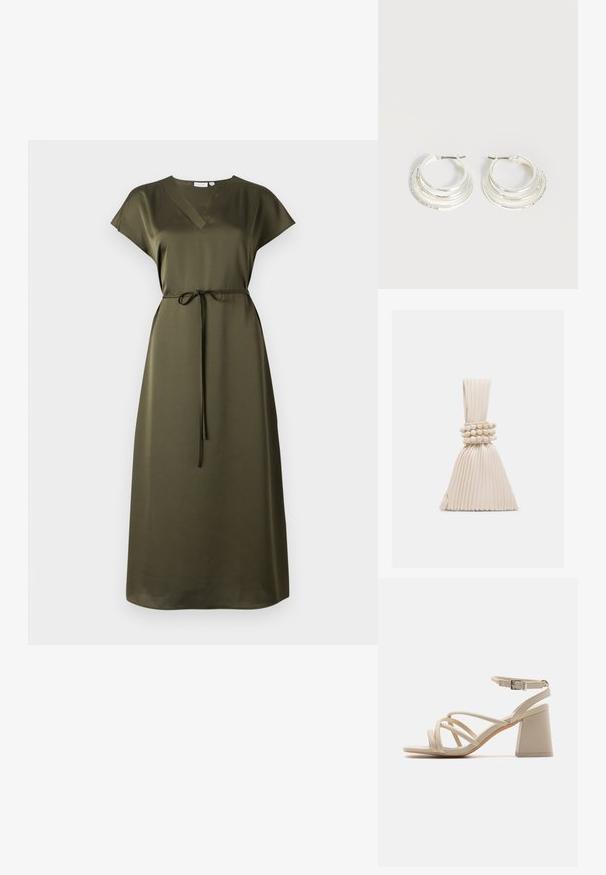 Vestido verde oliva, hasta la rodilla, con mangas cortas, escote en V y cinturón en la cintura. Hecho de una tela suave con un ajuste relajado y un brillo sutil.; Sandalias de tacón en color beige con correas entrelazadas, hebilla en el tobillo y tacón de bloque cuadrado para mayor estabilidad. Textura suave similar al cuero.; Pequeño bolso beige plisado con un asa anudada y tres pulseras de cuentas redondas envueltas alrededor del centro.; Pendientes de aro de plata con tres bandas semicirculares superpuestas, una adornada con pequeños cristales transparentes sobre un fondo claro.