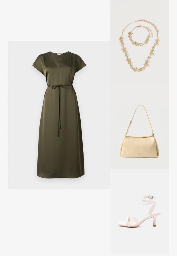 Vestido verde oliva, hasta la rodilla, con mangas cortas, escote en V y cinturón en la cintura. Hecho de una tela suave con un ajuste relajado y un brillo sutil.; Sandalia blanca de tacón con tiras en la parte delantera, correa envolvente en el tobillo con hebilla y tacón delgado de altura media, sobre un fondo liso.; Bolso de hombro beige rectangular con correa ajustable y cierre de cremallera, con un pequeño logo "Anna Field" en el centro frontal.; Juego de collar y pulsera en tono dorado con diseños florales y de hojas de cristal claro, ambos con cierres de cadena ajustables sobre un fondo blanco.