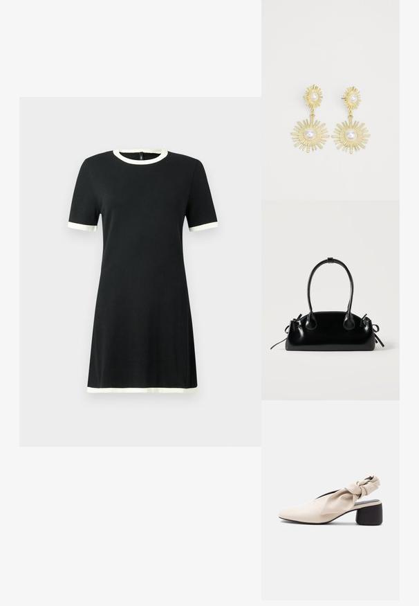 Zwarte jurk met korte mouwen en contrasterende witte bies bij de kraag en mouwen. Gemaakt van zachte stof, met een eenvoudig, recht ontwerp.; Beige dames schoen met lage hak, puntige neus en een gedraaide band detail over de wreef en de hiel.; Kleine zwarte glanzende handtas met twee lange hengsels en zijkant trekkoord details op een effen lichte achtergrond.; Gouden oorbellen met een zonnestraalontwerp en getextureerde stralen, elk gecentreerd met een witte parel. Hangstijl met een studbasis.