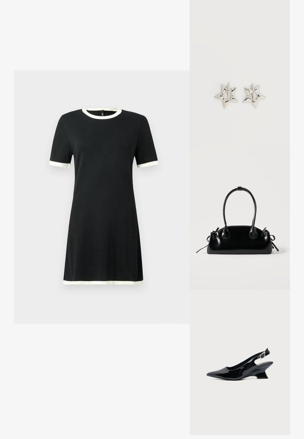 Zwarte jurk met korte mouwen en contrasterende witte bies bij de kraag en mouwen. Gemaakt van zachte stof, met een eenvoudig, recht ontwerp.; Zwarte lakleren slingback schoen met spitse neus en lage schuine blokhak op een effen lichte achtergrond.; Kleine zwarte glanzende handtas met twee lange hengsels en zijkant trekkoord details op een effen lichte achtergrond.; Zilverkleurige stervormige oorringen met een gladde, gepolijste afwerking op een effen witte achtergrond.