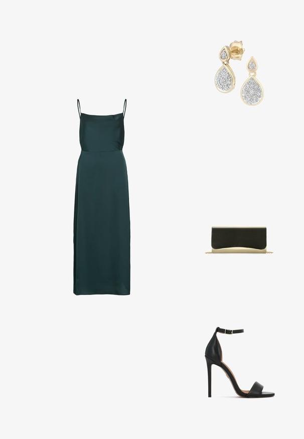 Vestido lencero largo de satén en verde oscuro con finas tirantes de espagueti y escote recto.; Sandalia de tacón alto de piel negra con una estrecha correa en el tobillo, diseño de punta abierta y tacón de aguja elegante. Textura lisa con acentos mínimos.; Bolso de mano con una parte superior negra suave y un fondo metálico dorado, que presenta un diseño de borde redondeado y una correa de cadena dorada.; Pendientes en forma de lágrima con un marco dorado y acentos plateados, adornados con múltiples piedras redondas brillantes en una disposición decorativa.