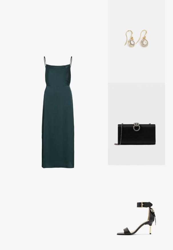 Vestido lencero largo de satén en verde oscuro con finas tirantes de espagueti y escote recto.; Sándal de tacón de cuero negro con punta cuadrada, correa en el tobillo con hebilla dorada y un tacón metálico esbelto. Textura suave, diseño minimalista.; Bolso de mano de satén negro con un cierre circular en tono plateado adornado con strass, cuenta con una correa de cadena desmontable.; Pendientes en tono dorado con cristales transparentes en forma ovalada rodeados de piedras transparentes más pequeñas, con un diseño de gancho para un uso seguro.