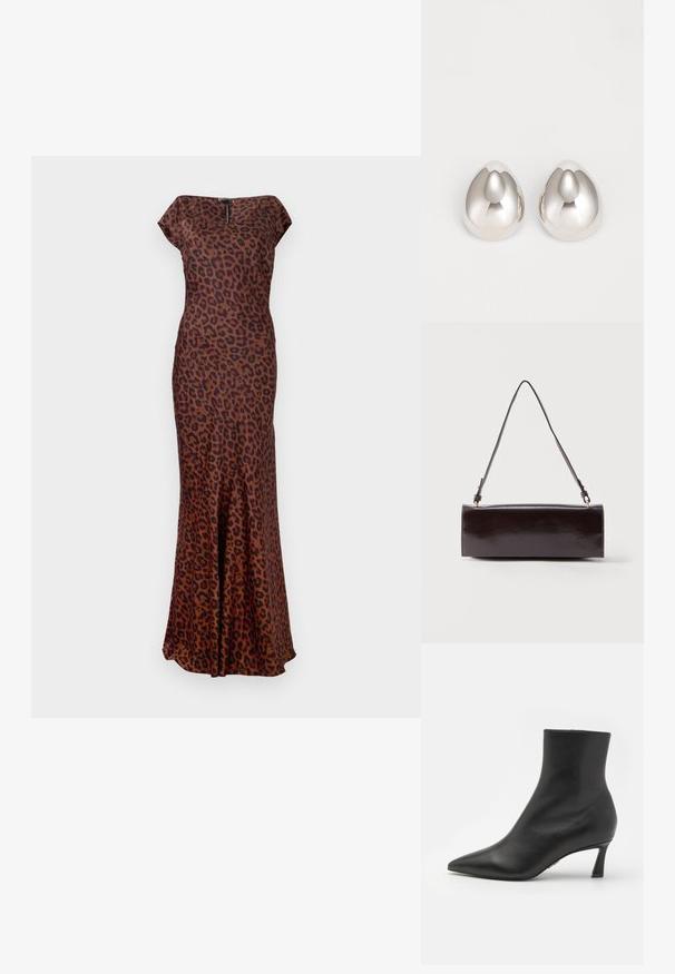 Leopardenmuster-Kleid aus glattem Stoff, mit taillierter Form, U-Boot-Ausschnitt und ausgestellt geschnittenem Saum. Die Farben sind Braun und Schwarz.; Steve Madden LULAH - Ankle Boot - black; Rechteckige schwarze Ledertasche mit einem einzelnen langen Riemen und glänzendem Finish, vor einem schlichten weißen Hintergrund präsentiert.; Silberne metalliche Ohrcuffs mit einem glatten, abgerundeten Design, das einer Träne ähnelt, mit einer reflektierenden Oberfläche und nahtlosem Finish.