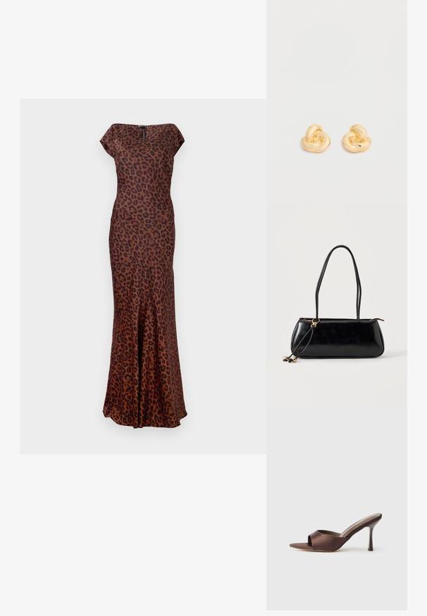 Vestido de leopardo hecho de tela suave, con una forma ajustada, cuello barco y dobladillo acampanado. Los colores incluyen marrón y negro.; Mule marrón de satén con punta abierta, con un tacón delgado de altura media y diseño slip-on sobre un fondo blanco liso.; Bolso rectangular negro con dos tirantes largos, detalle de anilla dorada y cierre de cremallera sobre un fondo liso claro.; Par de pendientes de botón en forma de nudo con acabado dorado brillante sobre un fondo blanco liso.