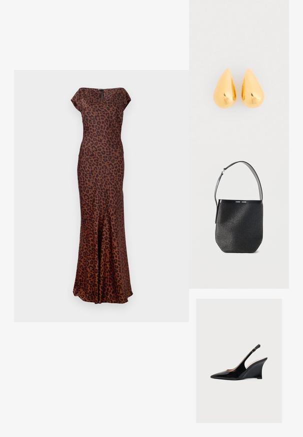 Leopardmønstret kjole lavet af glat stof, med en tætsiddende pasform, bådudskæring og flared kant. Farverne inkluderer brun og sort.; Sort laklæder kilehæl med slingback, spids tå og slank justerbar ankelstrop med spænde.; Sort vævet spandtaske med en enkelt justerbar skulderrem og en glat læderkant øverst, mærket "SAMSØE SAMSØE."; Guld dråbeøreringe med en glat, poleret overflade og afrundede bunde, der reflekterer lyset med en skinnende finish.