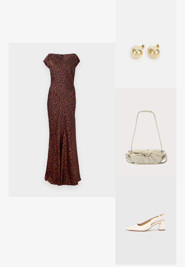 Leopardmønstret kjole lavet af glat stof, med en tætsiddende pasform, bådudskæring og flared kant. Farverne inkluderer brun og sort.; Slingback-pumpe i blank cremefarvet laklæder, med spids snude og kraftig firkantet hæl for stabilitet. Minimalistisk design uden pynt.; Beige skuldertaske i læder med samlet design og sølv spænde, der har en lang rem og polstret håndtag.; Guld stud øreringe med en glat, rund form og blank overflade; har et lille stift til sikker fastgørelse.