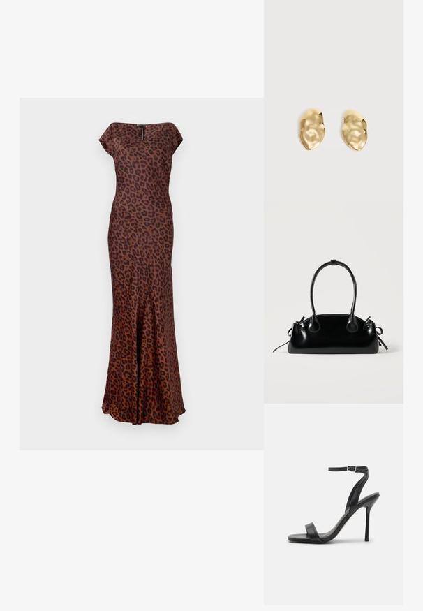 Leopardprint jurk van soepele stof, met een figuurvormige pasvorm, bateauhals en een uitlopende zoom. Kleuren zijn bruin en zwart.; Zwarte hoge hakken sandaal met een slanke enkelband en twee voorste banden. Gemaakt van soepel leer met een slanke puntneus en een stiletteloze hak.; Kleine zwarte glanzende handtas met twee lange hengsels en zijkant trekkoord details op een effen lichte achtergrond.; Een paar glanzende, onregelmatig gevormde gouden metalen oorbellen met een gekreukeld, glad oppervlak op een effen lichte achtergrond.
