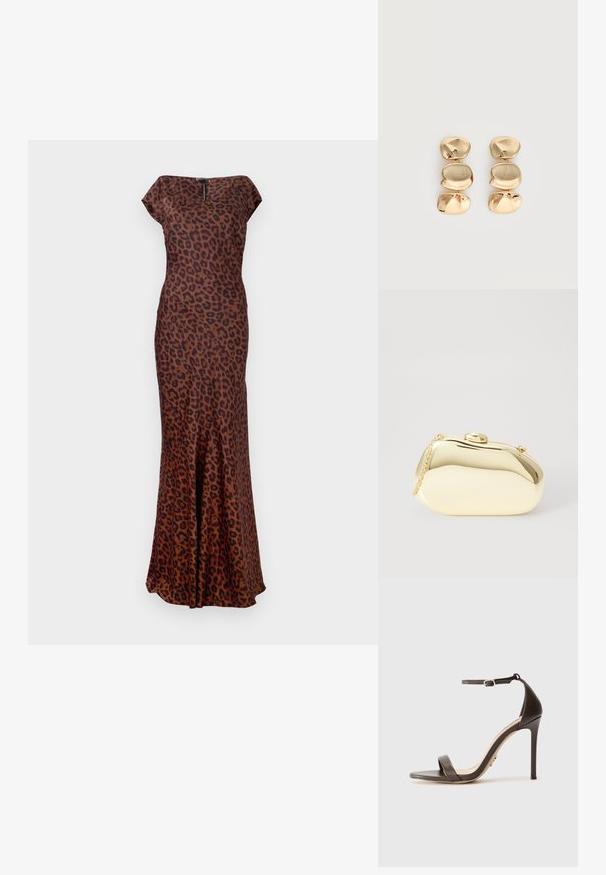 Vestido de leopardo hecho de tela suave, con una forma ajustada, cuello barco y dobladillo acampanado. Los colores incluyen marrón y negro.; Sandalia de tacón alto marrón con una fina correa en el tobillo y una banda plana en la parte delantera. Textura de cuero suave con diseño de punta afilada y tacón de aguja.; Clutch metálico dorado con una forma suave y redondeada, que presenta un cierre de botón en la parte superior y una pequeña correa de cadena para llevar.; Pendientes colgantes en tono dorado con tres segmentos irregulares, lisos y redondeados apilados verticalmente sobre un fondo claro y liso.