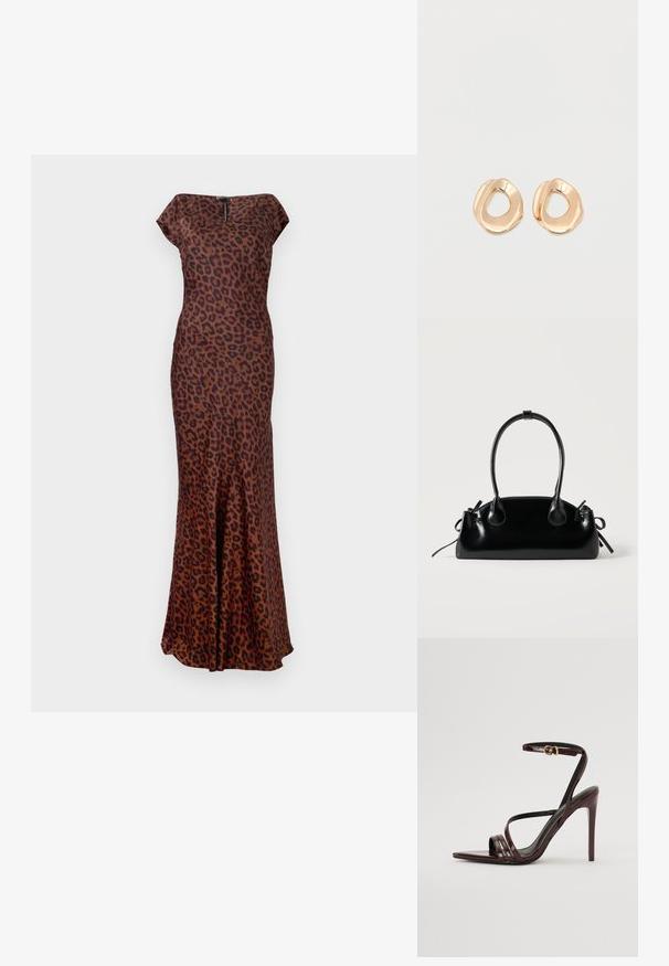 Leopardenmuster-Kleid aus glattem Stoff, mit taillierter Form, U-Boot-Ausschnitt und ausgestellt geschnittenem Saum. Die Farben sind Braun und Schwarz.; Bordeaux-farbenes Lackleder-High-Heel-Sandale mit einem Knöchelriemen, spitzem Zehenbereich und drei horizontalen Riemen über dem Fuß. Details mit goldfarbener Schnalle.; Kleine schwarze glänzende Handtasche mit zwei langen Griffen und seitlichen Kordelzug-Details vor einfachem hellem Hintergrund.; Paar unregelmäßig geformter, polierter Creolen aus goldfarbenem Metall mit offenem Zentrum auf weißem Hintergrund.