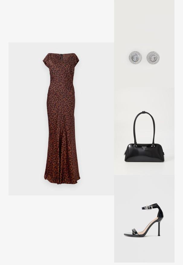 Leopardenmuster-Kleid aus glattem Stoff, mit taillierter Form, U-Boot-Ausschnitt und ausgestellt geschnittenem Saum. Die Farben sind Braun und Schwarz.; Schwarzer Riemchensandale aus Lackleder mit hohem Absatz und Knöchelriemen. Verfügt über ein minimalistisches Design, offene Zehenpartie und eine Schnalle mit Strassakzenten.; Schwarz glänzende Handtasche mit geschwungener Silhouette, zwei Griffen und einem Logo-Plakette auf der Vorderseite. Reißverschlussverschluss und glänzende Hardwareakzente.; Runde silberne Steckerohrringe mit dem Buchstaben G in der Mitte, umgeben von zwei Reihen kleiner klarer Kristalle.
