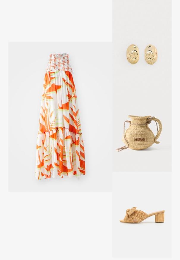 Maxi-jurk met een smocked lijfje, voorzien van een abstract oranje en groen patroon op een witte achtergrond en een ruffelzoom.; Beige gevlochten open teen haksandalen met een geknoopte accent op de bovenzijde en een getextureerde blokhak voor stabiliteit.; Ronde gevlochten strohandtas met een handvat van touw en "ALEMAIS" geborduurd aan de zijkant in bruine draad.; Goudkleurige metalen oorbellen met een onregelmatige vorm, voorzien van een gepolijste afwerking en subtiele textuurdetails op het oppervlak.