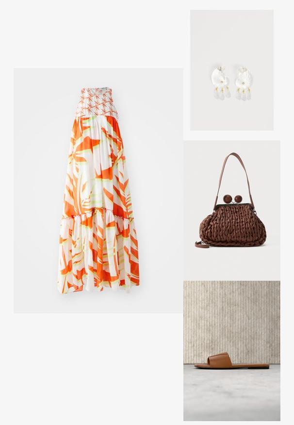 Maxi-jurk met een smocked lijfje, voorzien van een abstract oranje en groen patroon op een witte achtergrond en een ruffelzoom.; Bruine Valentino open-toe platte slide-sandaal leunend tegen een ronde amberkleurige tafel op een beige tapijt.; Bruine gevlochten leren handtas met een enkele schouderriem en twee grote ronde houten sluitingen bovenop.; Duidelijke hars oorbellen in schelpvorm met kleine gouden accenten en drie hangende doorschijnende druppelvormige bedels aan elk oorbel.