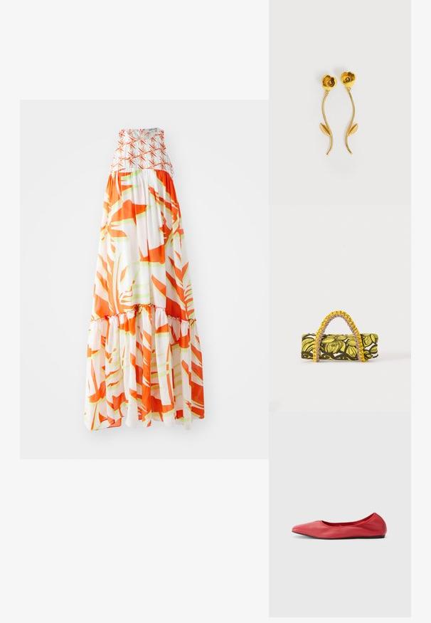 Maxi šaty so smockovaným korzetom, s abstraktným oranžovo-zeleným vzorom na bielom pozadí a volánovým lemom.; Filippa K REY FLATS - Balerínky - bright red; Obdĺžna taška so žltým a čiernym kvetinovým vzorom a pletenou žlto-ružovou rukoväťou na bielom pozadí.; Náušnice v zlatej farbe tvarované ako kvety s krivými stonkami a jedným listom na každom stonke, na bielom pozadí.