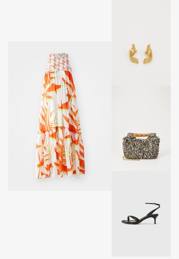 Vestido maxi con torso fruncido, que presenta un patrón abstracto en naranja y verde sobre un fondo blanco y un dobladillo con volantes.; Sandalia negra de cuero para mujer con tiras finas, un lazo para el dedo del pie, hebilla en el tobillo y tacón de aguja de altura media sobre un fondo neutro.; Bolso tejido con un patrón texturizado en negro y crema, asa de bambú y una correa de cadena dorada removible. Forma rectangular compacta.; Pendientes en tono dorado con un diseño de hoja retorcida, adornados con pequeñas piedras brillantes y asegurados con un cierre de presión.