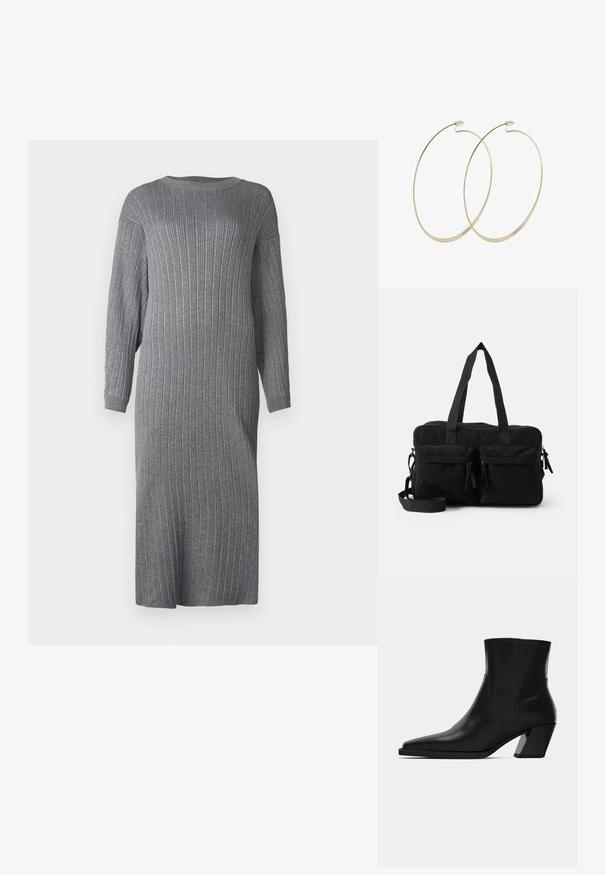 Vestido de punto acanalado gris, de corte holgado, con mangas largas, cuello redondo y largo hasta la mitad de la pantorrilla. Presenta una textura vertical en toda la tela.; Bota de tobillo de cuero negro con punta afilada, una silueta elegante y un tacón cuadrado grueso. Textura suave con detalles de costura mínimos.; Bolso de pana negro con doble asa superior, correa de hombro extraíble, dos bolsillos frontales con cremalleras de borlas y textura acanalada.; Pilgrim Pendientes - gold-coloured