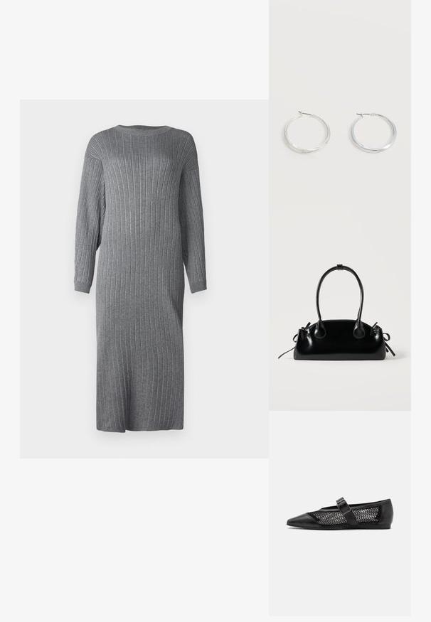 Robe en tricot ribbed grise, coupe ample, avec des manches longues, un col rond et une longueur mi-mollet. Présente une texture verticale sur l'ensemble du tissu.; Chaussure plate noire avec un bout pointu, panneaux latéraux en maille et une sangle avec une boucle décorative. Fini lisse sur les sections du bout et du talon.; Petit sac à main noir brillant avec deux longues anses et des détails à cordon sur les côtés sur un fond clair uni.; Boucles d’oreilles créoles en métal argenté avec une surface lisse légèrement incurvée et des fermoirs à clapet sur un fond blanc uni.
