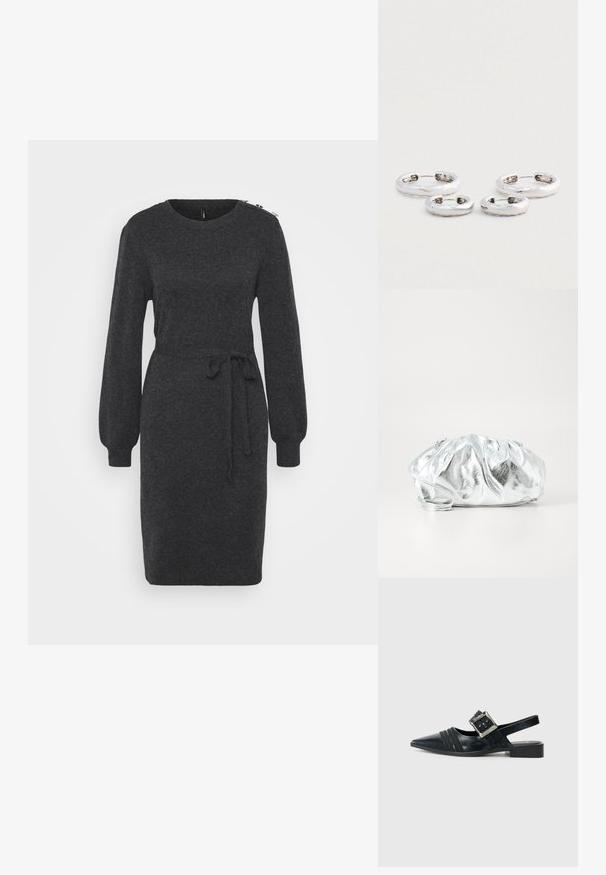 Mørkegrå strikket kjole med lange, puffede ærmer, en rund halsudskæring og en knyttet taljeaccent. Har dekorativt hardware på skulderen.; Melissa LADYLIKE - Ballerinasko - black; Metallisk sølv clutch taske med en blød, samlet krop og en tynd skulderrem. Har en glat, skinnende overflade og rund form.; To sæt sølv hoops øreringe med en let banket struktur på en hvid baggrund.
