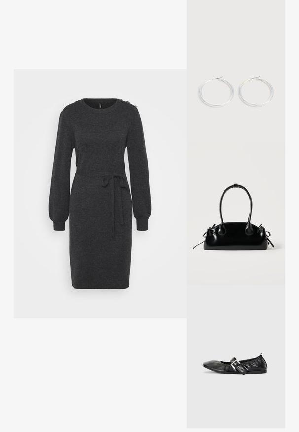 Robe tricotée gris foncé avec de longues manches bouffantes, un col rond et un accent de taille nouée. Présente des éléments décoratifs au niveau des épaules.; Chaussure plate en cuir noir avec un nez pointu, des détails froncés autour de l'ouverture et un accent en boucle argentée sur la bride ajustable.; Petit sac à main noir brillant avec deux longues anses et des détails à cordon sur les côtés sur un fond clair uni.; Paire de boucles d'oreilles créoles argentées brillantes avec fermoirs en fil fin, présentée sur un fond gris clair.