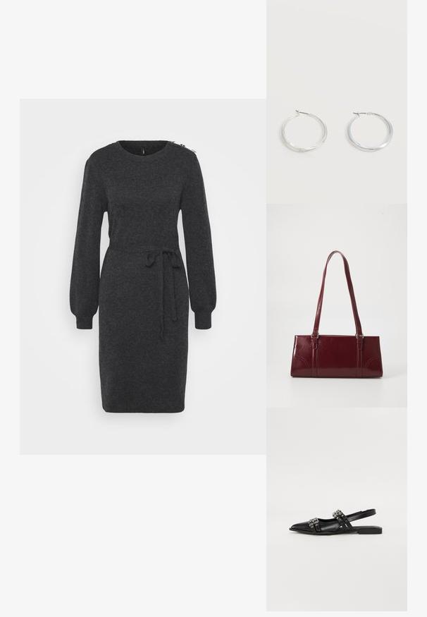 Donkergrijze gebreide jurk met lange, voluminöse mouwen, een ronde halslijn en een strikaccent rond de taille. Bevat decoratieve hardware op de schouder.; Even&Odd by Zalando Slingback ballerina´s - black; Bourgondische handtas van glanzend materiaal, rechthoekige vorm, met twee schouderbanden en subtiele gebogen accenten aan de voorkant.; Zilverkleurige metalen creolen oorbellen met een glad, licht gebogen oppervlak en sluitingen met haaksluiting op een effen witte achtergrond.