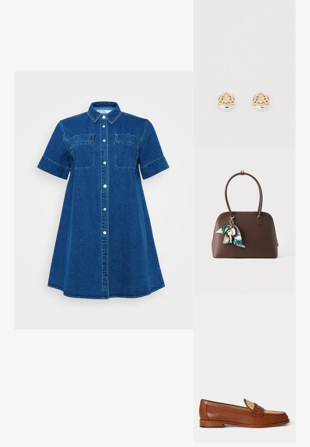 Vero Moda Curve Denim VMCMIGGA Short - Τζιν φόρεμα - medium blue denim; Καφέ δερμάτινο loafer με πλεκτό μπεζ πάνελ στην κορυφή, χαμηλό ξύλινο τακούνι και παραδοσιακό σχεδιασμό λουριού penny σε λευκό φόντο.; Καφέ δερμάτινη τσάντα χειρός με στρογγυλεμένο σχήμα, διπλές χειρολαβές και διακοσμητικό μπρελόκ φουλάρι. Διαθέτει κλείσιμο με φερμουάρ και μινιμαλιστικό σχεδιασμό.; Σκουλαρίκια από χρυσό και ασήμι με σχέδιο έμβλημα που περιλαμβάνει κορώνα και λιονταρίσια μοτίβα, στρογγυλό σχήμα, λεία υφή και γυαλιστερό φινίρισμα.