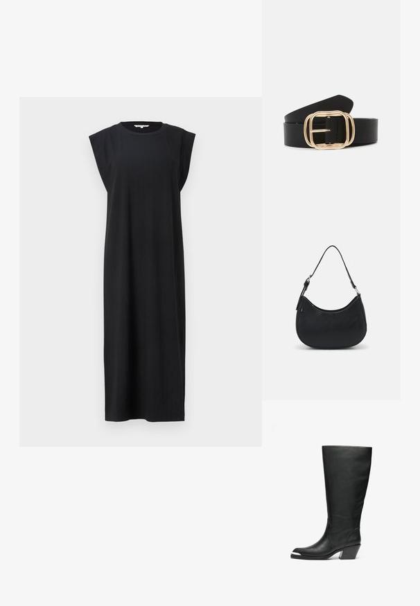 Vestido negro sin mangas hecho de tejido texturizado, con una silueta recta y un detalle de hombros anchos, que llega a la altura de la pantorrilla.; Botas altas de cuero negro con punta cerrada y diseño con recortes. Presentan un tacón ancho y una textura suave. Detalles en los paneles laterales destacados.; Bolso hobo negro hecho de cuero suave con una silueta curva, que cuenta con una sola correa ajustable y detalles de diseño minimalistas.; Cinturón de cuero negro con una hebilla rectangular en tono dorado, bordes redondeados, textura suave y un diseño elegante.