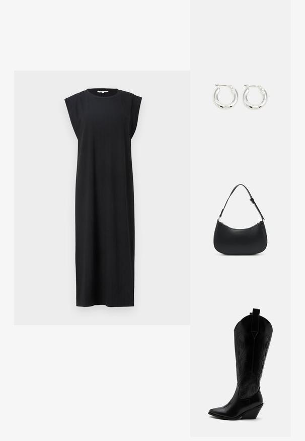 Schwarzes ärmelloses Kleid aus strukturiertem Stoff, mit geradem Schnitt und breiten Schulterdetails, bis zur Mitte der Wade reichend.; Schwarzer Leder-Cowboystiefel mit spitzer Zehe, schrägem Blockabsatz, dekorativer Naht und Zuglaschen oben vor weißem Hintergrund.; Pieces PCALUANA SHOULDER BAG - Handtasche - black; Silberne Creolen mit glänzender Oberfläche, die eine kreisrunde Form haben und mit einem schwenkbaren Verschluss ausgestattet sind. Glatte Textur mit minimalen Details.