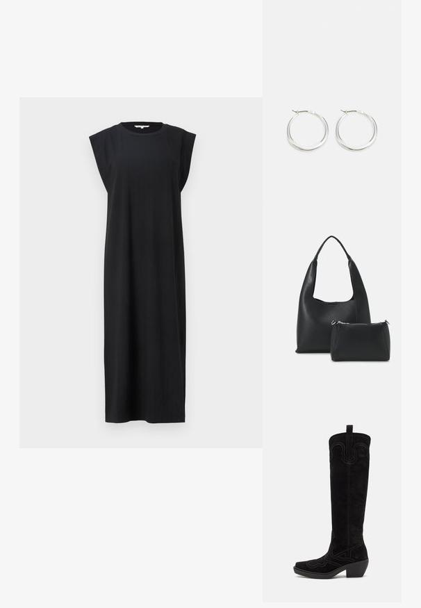 Schwarzes ärmelloses Kleid aus strukturiertem Stoff, mit geradem Schnitt und breiten Schulterdetails, bis zur Mitte der Wade reichend.; Schwarze Wildleder-Stiefel im Western-Stil in Knielänge mit spitzen Zehen, dekorativer Naht und einem klobigen Absatz. Verfügt über eine Zuglasche an der Rückseite.; Even&Odd Handtasche - black; Silberne Creolen zeichnen sich durch ein glattes, rundes Design mit einem schlanken Profil und einem sicheren Verschluss aus. Minimalistischer Stil mit glänzender Oberfläche.