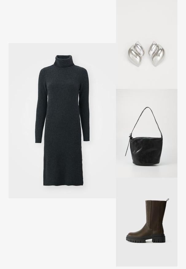 Mørkegrå turtleneck strikkjole i blødt strikmateriale, med lange ærmer og en tætsiddende silhuet, der går til midt på lægge.; Brune læder ankelstøvle med elastiske sidepaneler, chunky sort gummisål og en løkke for nem påtagning. Glat tekstur og moderne design.; Sort læder skuldertaske med en glat overflade, lynlåslukning og et langt, afrundet håndtag. Tasken har en afslappet, ustruktureret form.; Sølvøreringe med en organisk, abstrakt form. Glat, skinnende overflade med et tilspidset design. Har subtile kurver og en centrallinje detalje.