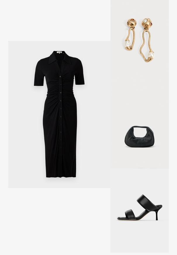 Zwarte jurk met korte mouwen, knoopsluiting en geplooide details. Gemaakt van gladde stof, knieholte-lengte met een aansluitende silhouet.; Zwarte leren mule sandaal met twee brede banden en een slanke, middelhoog stilettohak op een effen lichte achtergrond.; Zwarte geweven hobo-tas met een zachte structuur en geïntegreerd handvat, weergegeven op een effen lichte achtergrond.; Goudkleurige oorbellen met onregelmatige open vormen, elk met een parel aan de onderkant en edelsteendetails op de ronde stekers.