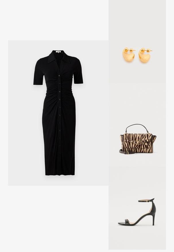Vestido negro con mangas cortas, cierre de botones en la parte delantera y detalles fruncidos. Confeccionado en tela suave, de longitud hasta la rodilla y con silueta ajustada.; Sándalo de tacón alto de piel negra con tiras en el tobillo. Presenta una textura suave, puntera abierta y un tacón delgado. Detalles de hebilla en tono dorado.; Pequeño bolso rectangular con rayas de cebra en marrón y beige, asa negra, hebilla dorada y correa negra desmontable.; Par de pequeños pendientes de botón de tono dorado, robustos, con formas abstractas suaves y curvas sobre un fondo claro.