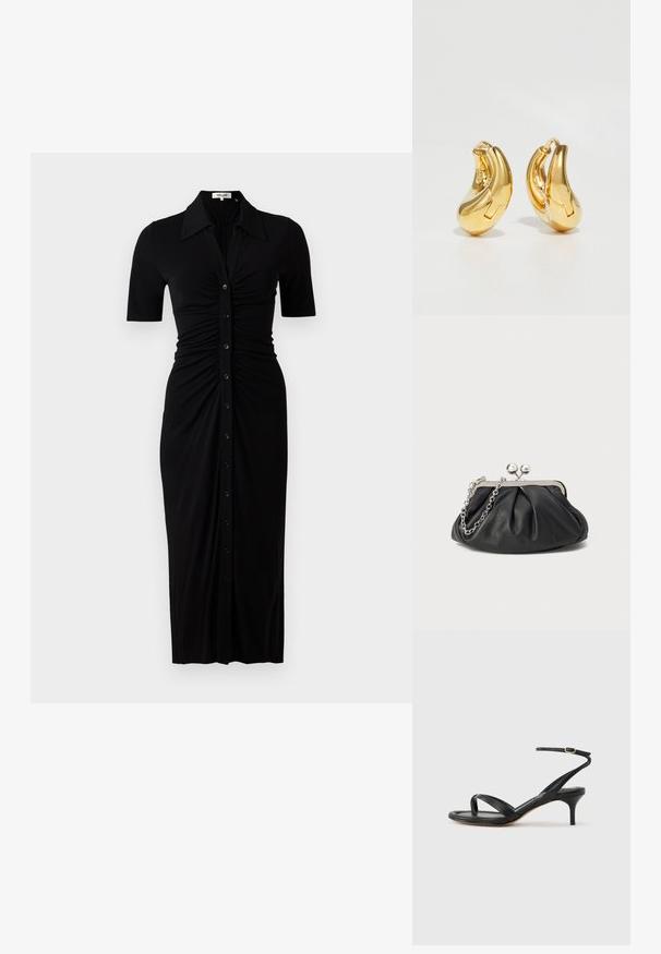 Schwarzes Kleid mit kurzen Ärmeln, Knopfleiste und Raffung. Aus glattem Stoff, knielang mit taillierter Silhouette.; Schwarze Ledersandale für Damen mit dünnen Riemchen, einer Zehenlasche, einer Knöchelschnalle und einem mittelhohen Stöckelabsatz vor neutralem Hintergrund.; Schwarze Leder-Clutch mit geraffter Textur, silberfarbener Metallrahmen, Druckverschluss und Kettenriemen. Glatte, weiche Oberfläche.; Goldene Creolen mit einer glatten, geschwungenen Form und polierter Oberfläche. Mit einem Verschlussmechanismus und leichten Einkerbungen für Details.