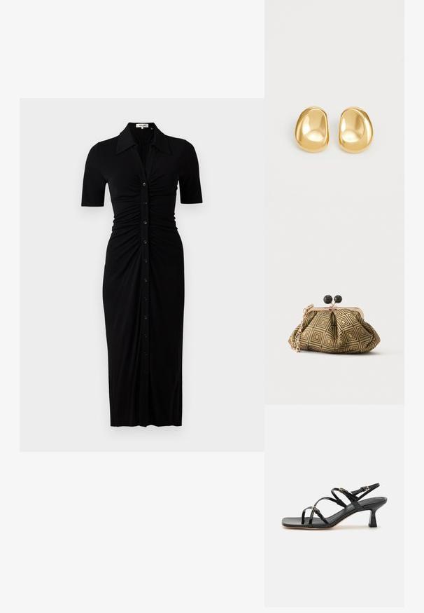 Schwarzes Kleid mit kurzen Ärmeln, Knopfleiste und Raffung. Aus glattem Stoff, knielang mit taillierter Silhouette.; Schwarze lackierte Riemchensandalen mit quadratischer Zehenpartie und niedrigem Blockabsatz. Ausgestattet mit vergoldeten Beschlägen und verstellbaren Knöchelriemen.; Kleine Clutch mit goldenem und schwarzem geometrischem Muster, goldfarbenem Metallrahmen, schwarzem Kugelverschluss und kurzem goldfarbenem Kettenriemen.; Goldfarbene Ohrstecker mit einer glatten, runden Form und einer reflektierenden Oberfläche, die ein minimalistisches Design ohne sichtbare Muster zeigen.
