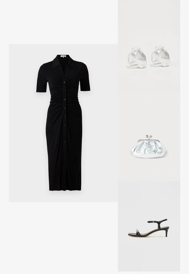 Schwarzes Kleid mit kurzen Ärmeln, Knopfleiste und Raffung. Aus glattem Stoff, knielang mit taillierter Silhouette.; Schwarze Leder-Sandale mit Absatz und Knöchelriemen, offenem Zehenbereich, quadratischer Vorderseite und silbernen Metallakzenten. Eng anliegendes Design mit schlanker Silhouette.; Kleine silberne Metallic-Clutch mit gerundetem, gerafftem Design und einem Verschluss mit zwei silbernen Kugeln.; Silberne Ohrringe in Muschelform mit strukturierten Rillen und glatten Kurven, ausgestattet mit einer klaren Rückseite für sicheren Halt.