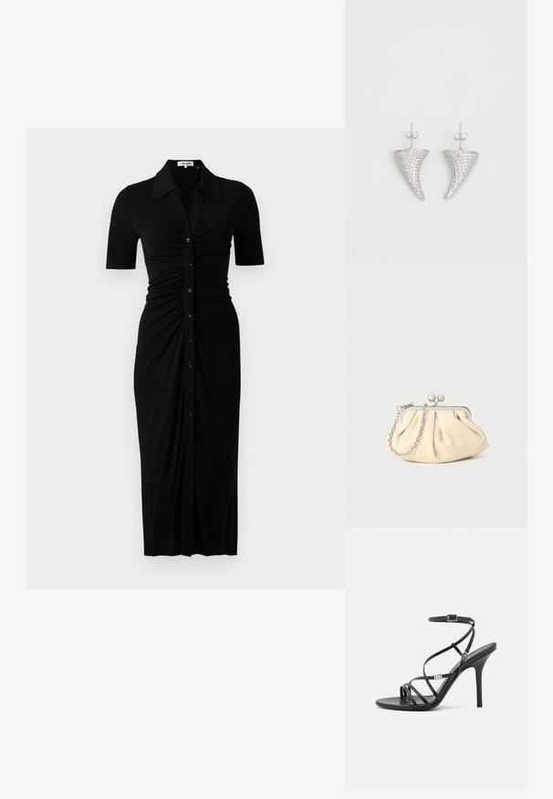 Schwarzes Kleid mit kurzen Ärmeln, Knopfleiste und Raffung. Aus glattem Stoff, knielang mit taillierter Silhouette.; Schwarze High-Heel-Sandale mit dünnen Riemen, einem Knöchelverschluss, einer glatten Lederoberfläche und einem schlanken Stiletto-Absatz.; Faltige beigefarbene Ledertasche mit einem silbernen Metallrahmen, ausgestattet mit zwei runden dekorativen Verschlüssen und einem silbernen Kettenriemen.; Silberne, hornförmige Ohrringe, besetzt mit kleinen klaren Steinen, mit einem Steckverschluss zur Befestigung. Glatte Textur und metallisches Finish.