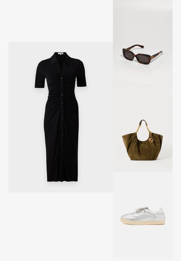 Zwarte jurk met korte mouwen, knoopsluiting en geplooide details. Gemaakt van gladde stof, knieholte-lengte met een aansluitende silhouet.; Zilverkleurige metallic lage sneaker met een gladde textuur, witte veters, beige zool en subtiele stiksels op de achterkant.; Rechthoekige schildpadbril met donkere lenzen en een gouden GG-logo op de pootjes, leunend op een witte ondergrond.; Olijfgroene suède tote tas met gouden kettinghandvatten en een ronde gouden Michael Kors logo hanger aan één kant.