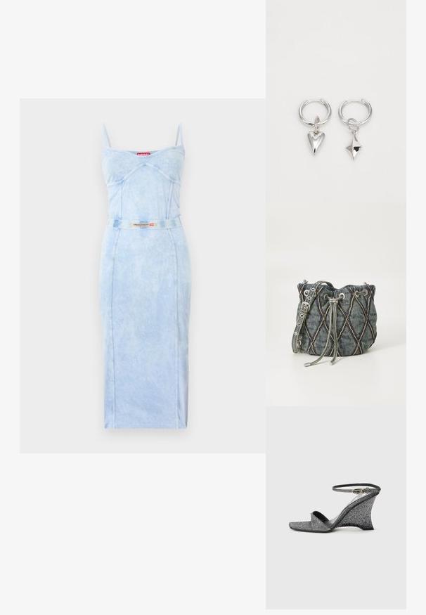 Robe midi ajustée bleu clair avec fines bretelles, détails de coutures, et ceinture assortie ornée d'une étiquette logo Diesel rouge et blanche.; Sandale compensée pailletée argentée avec bout ouvert, bride à la cheville et boucle dorée, vue de côté sur un fond clair uni.; Sac seau en denim avec un motif matelassé en diamant, cordon de serrage gris, accents en métal argenté et texture douce, doté d'une bandoulière amovible.; Boucles d'oreilles en argent en forme de créoles, ornées d'un cœur et d'un pendentif en forme de diamant. Texture lisse avec une finition polie.