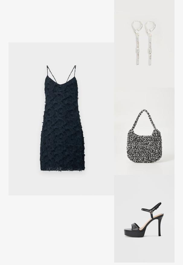 Ναυτικό φόρεμα με λεπτές σταυρωτές τιράντες, με υφή επιφάνειας και επάλληλες φαρδιές, εφαρμοστό μέγεθος και μήκος έως το γόνατο.; Μαύρα πλατφόρμα σανδάλια με ψηλό τακούνι στιλέτο, που διαθέτουν λείο δερμάτινο πάνω μέρος, σχέδιο με ανοιχτό δάχτυλο και ρυθμιζόμενο λουράκι στο αστράγαλο με μεταλλικά στοιχεία.; Πλεκτή τσάντα χρώματος μαύρου και άσπρου με στρογγυλό σχήμα, υφή και πλεκτή λαβή. Κατάλληλη για καθημερινή χρήση.; Ασημένια κρεμαστά σκουλαρίκια με ορθογώνιους και στρογγυλούς διάφανους κρυστάλλους σε κάθετη γραμμή, στερεωμένα με κούμπωμα leverback.