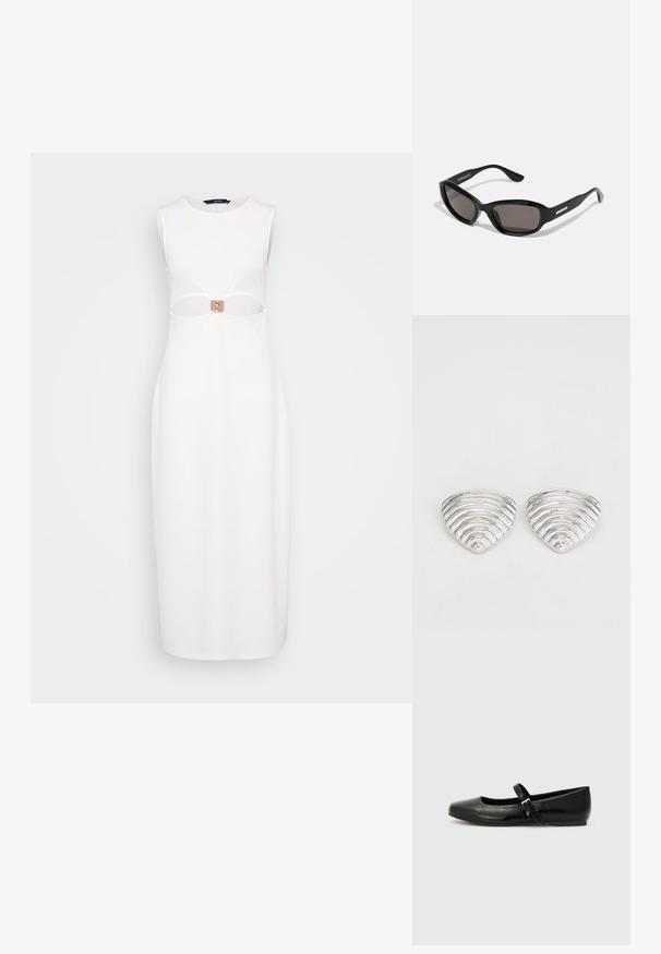 Biela bezrukávová šaty s výrezom v oblasti pásu, zdobené obdĺžnikovou béžovou prackou a rovnou siluetou.; Čierne kožené baletné poltopánky s okrúhlou špičkou, plochou podrážkou a tenkým nastaviteľným popruhom cez priehlavok s kovovou sponou.; Čierne slnečné okuliare s obdĺžnikovým rámom, tmavými šošovkami, hladkým plastovým materiálom a kovovým akcentom na ramene.; Strieborné náušnice s vlnitým, textúrovaným dizajnom v tvare prekrývajúcich sa polmesiacov; leštený povrch zvyšuje odrazové vlastnosti.